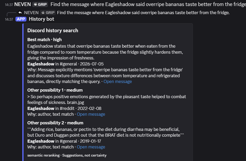 Historybot finding the exact Discord message about overripe bananas tasting better from the fridge